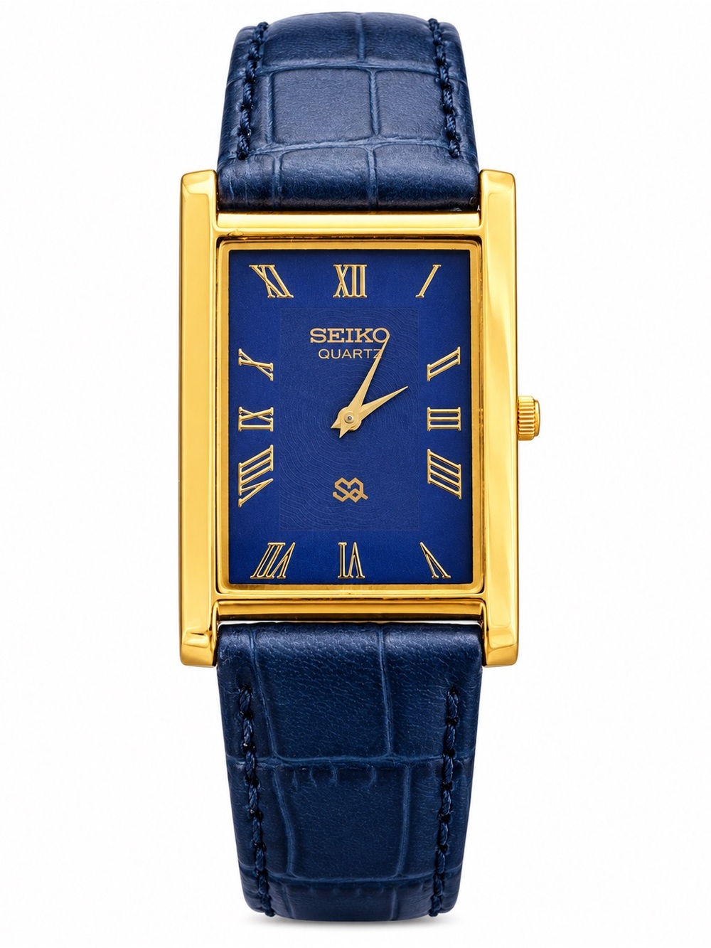 Vintage Seiko Tank watch Refurbished Blue Dial Gold Case Blue Strap